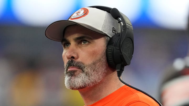 Dec 3, 2023; Inglewood, California, USA; Cleveland Browns coach Kevin Stefanski watches from the sidelines against the Los Angeles Rams in the first half at SoFi Stadium. Mandatory Credit: Kirby Lee-Imagn Images