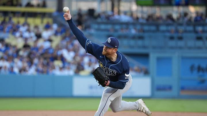 Jun 16, 2026; Los Angeles, California, USA; Tampa Bay Rays starting pitcher Drew Rasmussen (57) throws during the first inning against the Los Angeles Dodgers at Dodger Stadium. Mandatory Credit: Kirby Lee-Imagn Images