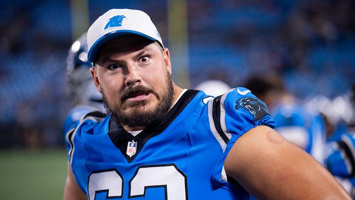 Aug 8, 2025; Charlotte, North Carolina, USA; Carolina Panthers center Austin Corbett (63) mugs for the camera during the fourth quarter against the Cleveland Browns