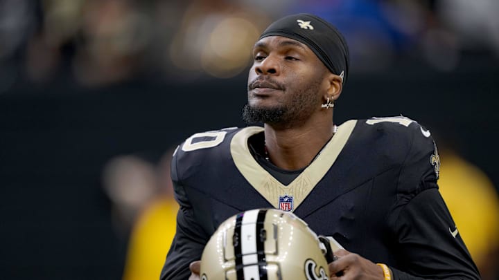 Dec 29, 2024; New Orleans, Louisiana, USA; New Orleans Saints wide receiver Marquez Valdes-Scantling (10) walks the field before a game against the Las Vegas Raiders at Caesars Superdome. Mandatory Credit: Matthew Hinton-Imagn Images