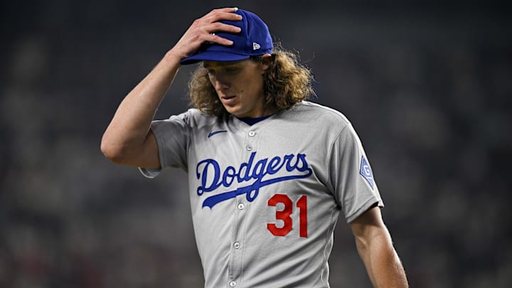 Apr 20, 2025; Arlington, Texas, USA; Los Angeles Dodgers starting pitcher Tyler Glasnow (31) comes off the field after he pitches against the Texas Rangers during the first inning at Globe Life Field. Mandatory Credit: Jerome Miron-Imagn Images