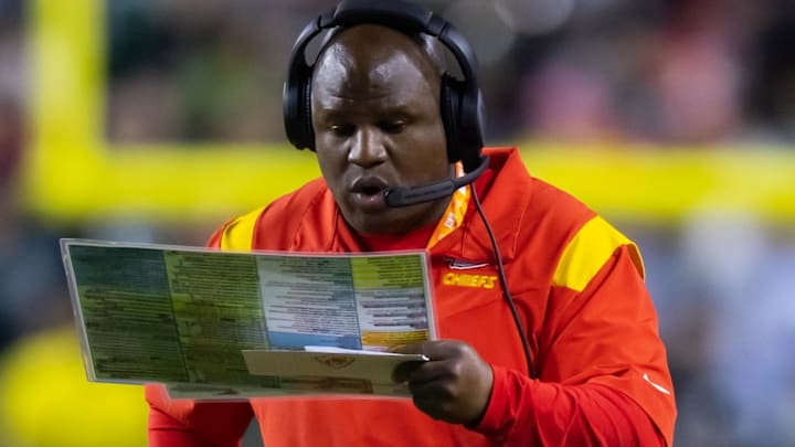 Feb 12, 2023; Glendale, Arizona, US; Kansas City Chiefs offensive coordinator Eric Bieniemy against the Philadelphia Eagles during Super Bowl LVII at State Farm Stadium.