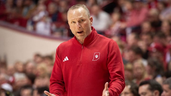 Indiana Head Coach Darian DeVries during the Indiana versus Minnesota men's basketball game at Simon Skjodt Assembly Hall on Wednesday, March 4, 2026.