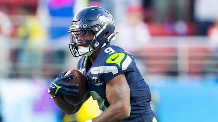 Feb 8, 2026; Santa Clara, CA, USA; Seattle Seahawks running back Kenneth Walker III (9) runs against the New England Patriots during the second quarter in Super Bowl LX at Levi's Stadium. Mandatory Credit: Mark J. Rebilas-Imagn Images