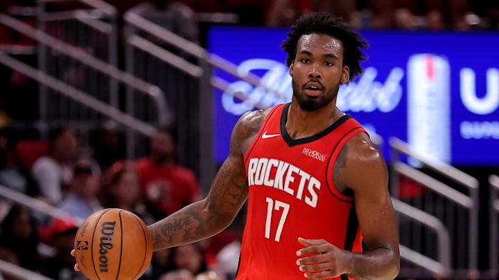 Oct 27, 2025; Houston, Texas, USA; Houston Rockets forward Tari Eason (17) handles the ball against the Brooklyn Nets during the second quarter at Toyota Center. Mandatory Credit: Erik Williams-Imagn Images
Oct 27, 2025; Houston, Texas, USA; Houston Rockets forward Tari Eason (17) handles the ball against the Brooklyn Nets during the second quarter at Toyota Center. Mandatory Credit: Erik Williams-Imagn Images