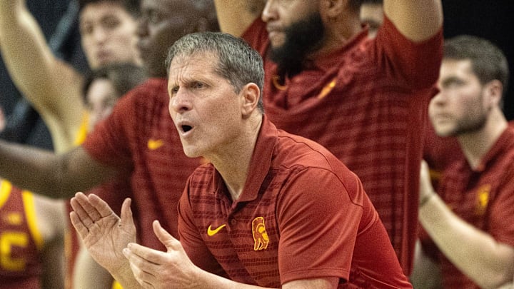 USC coach Eric Musselman cheers his team during the first half against Oregon at Matthew Knight Arena Saturday, March 1, 2025. USC coach Eric Musselman cheers his team during the first half against Oregon at Matthew Knight Arena Saturday, March 1, 2025.