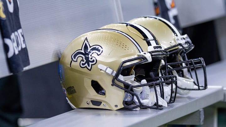 Aug 13, 2023; New Orleans, Louisiana, USA; Detailed view of New Orleans Saints helmets on the bench during the game against the Kansas City Chiefs during the second half at the Caesars Superdome. Mandatory Credit: Stephen Lew-Imagn Images
