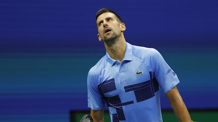 Novak Djokovic (SRB) reacts after missing a shot against Radu Albot (MDA)(not pictured) in a men's singles match on day one of the 2024 U.S. Open tennis tournament at USTA Billie Jean King National Tennis Center. Mandatory Credit: Geoff Burke-Imagn Images Novak Djokovic (SRB) reacts after missing a shot against Radu Albot (MDA)(not pictured) in a men's singles match on day one of the 2024 U.S. Open tennis tournament at USTA Billie Jean King National Tennis Center. Mandatory Credit: Geoff Burke-Imagn Images