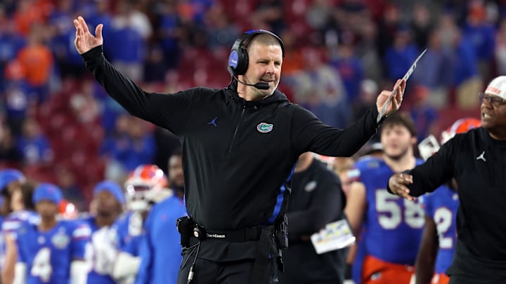 Dec 20, 2024; Tampa, FL, USA; Florida Gators head coach Billy Napier against the Tulane Green Wave during the second half at Raymond James Stadium. Mandatory Credit: Kim Klement Neitzel-Imagn Images