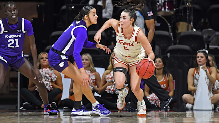 Mar 10, 2023; Kansas City, MO, USA;  Texas Longhorns guard Shaylee Gonzales (2) dribbles the ball
