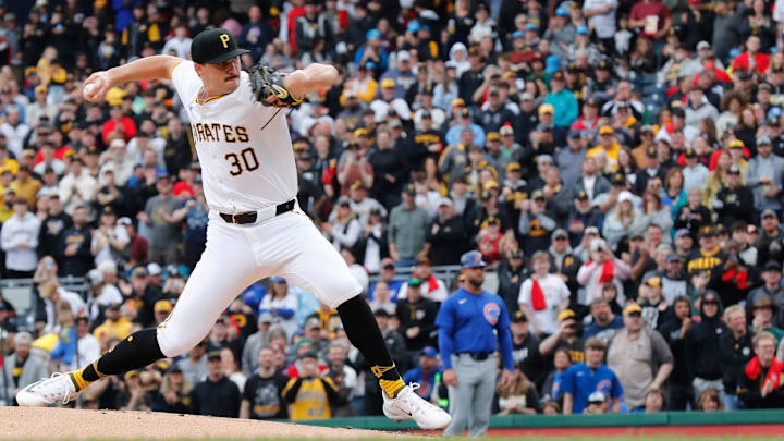 May 11, 2024; Pittsburgh, Pennsylvania, USA;  Pittsburgh Pirates starting pitcher Paul Skenes (30) delivers a pitch in his major league debut against the Chicago Cubs during the first inning at PNC Park. Mandatory Credit: Charles LeClaire-Imagn Images
