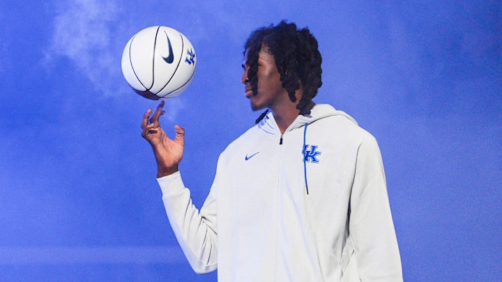 Kentucky Wildcats forward Jayden Quaintance spins a basketball while being introduced at the 2025 Big Blue Madness at Rupp Arena in Lexington, Kentucky Saturday, Oct. 11, 2025. Kentucky Wildcats forward Jayden Quaintance spins a basketball while being introduced at the 2025 Big Blue Madness at Rupp Arena in Lexington, Kentucky Saturday, Oct. 11, 2025.