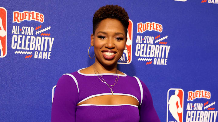 Feb 16, 2024; Indianapolis, IN, USA; ESPN analyst Monica McNutt on the red carpet before the All Star Celebrity Game at Lucas Oil Stadium. Mandatory Credit: Trevor Ruszkowski-Imagn Images