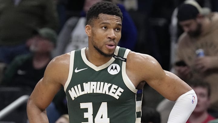 Apr 25, 2025; Milwaukee, Wisconsin, USA; Milwaukee Bucks forward Giannis Antetokounmpo (34) on the bench as the clock counts down against the Indiana Pacers during game three of first round for the 2024 NBA Playoffs at Fiserv Forum. Mandatory Credit: Michael McLoone-Imagn Images Apr 25, 2025; Milwaukee, Wisconsin, USA; Milwaukee Bucks forward Giannis Antetokounmpo (34) on the bench as the clock counts down against the Indiana Pacers during game three of first round for the 2024 NBA Playoffs at Fiserv Forum. Mandatory Credit: Michael McLoone-Imagn Images