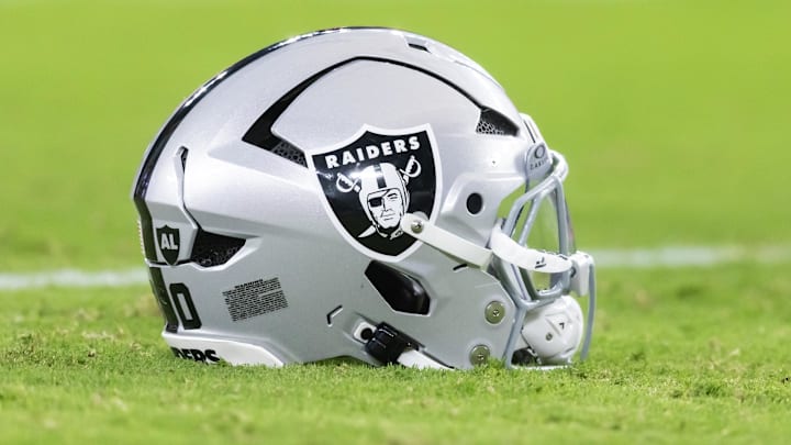 Aug 23, 2025; Glendale, Arizona, USA; Detailed view of a Las Vegas Raiders helmet during a preseason NFL game at State Farm Stadium. Mandatory Credit: Mark J. Rebilas-Imagn Images