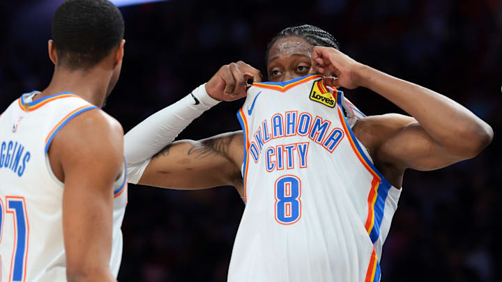Jan 17, 2026; Miami, Florida, USA; Oklahoma City Thunder guard Jalen Williams (8) reacts against the Miami Heat during the second quarter at Kaseya Center. Mandatory Credit: Sam Navarro-Imagn Images Jan 17, 2026; Miami, Florida, USA; Oklahoma City Thunder guard Jalen Williams (8) reacts against the Miami Heat during the second quarter at Kaseya Center. Mandatory Credit: Sam Navarro-Imagn Images
