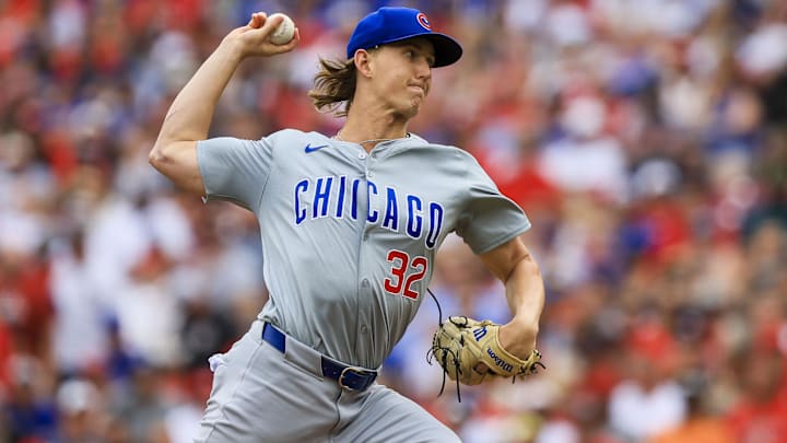 Jun 8, 2024; Cincinnati, Ohio, USA; Chicago Cubs starting pitcher Ben Brown (32) pitches against the Cincinnati Reds in the first inning at Great American Ball Park. 