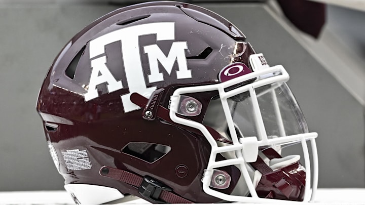 Texas A&M Aggies helmet on the sideline during the second half against the Sam Houston State Bearkats Texas A&M Aggies helmet on the sideline during the second half against the Sam Houston State Bearkats