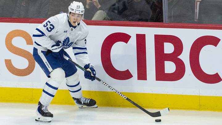 Mar 21, 2026; Ottawa, Ontario, CAN; Toronto Maple Leafs right wing Easton Cowan (53) skates with the puck in the third period against the Ottawa Senators at the Canadian Tire Centre. Mandatory Credit: Marc DesRosiers-IMAGN Images