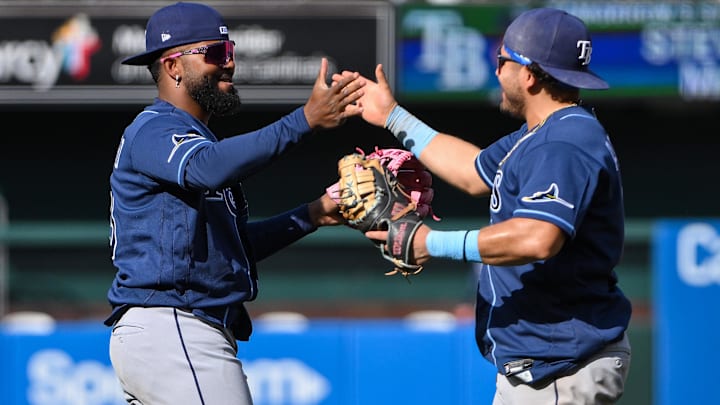 Mar 29, 2026; St. Louis, Missouri, USA; Tampa Bay Rays third baseman Junior Caminero (13) celebrates with first baseman Jonathan Aranda (8) after the Rays defeated the St. Louis Cardinals at Busch Stadium.