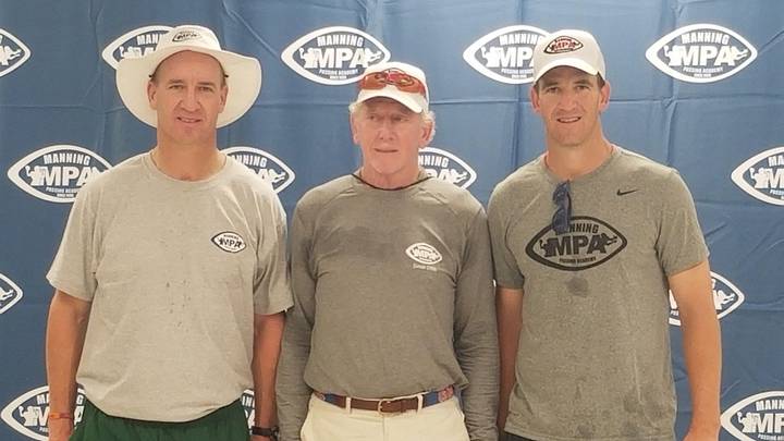 Left to right: Peyton Manning, Archie Manning and Eli Manning pose at the 24th Annual Manning Passing Academy on June 28, 2019. Left to right: Peyton Manning, Archie Manning and Eli Manning pose at the 24th Annual Manning Passing Academy on June 28, 2019.