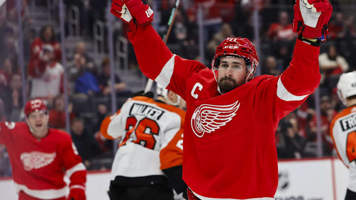 Detroit Red Wings center Dylan Larkin (71) celebrates after scoring a goal against the Philadelphia Flyers.