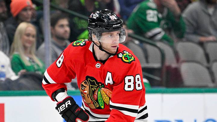 Nov 23, 2022; Dallas, Texas, USA; Chicago Blackhawks right wing Patrick Kane (88) in action during the game between the Dallas Stars and the Chicago Blackhawks at American Airlines Center. Mandatory Credit: Jerome Miron-USA TODAY Sports
