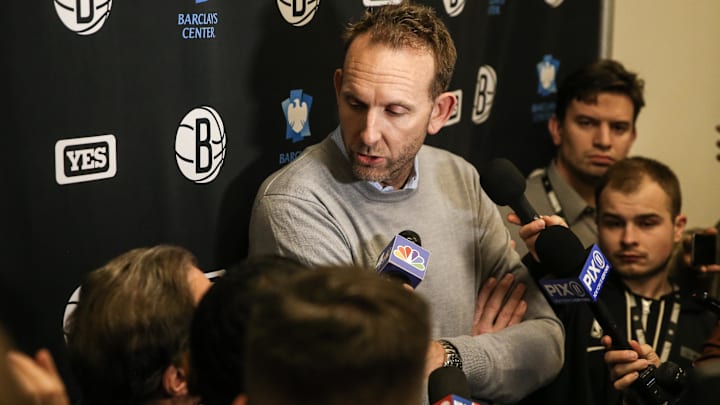 Feb 9, 2023; Brooklyn, New York, USA;  Brooklyn Nets General Manager Sean Marks addresses the media