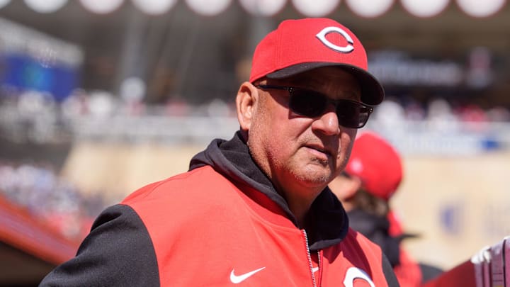 Apr 19, 2026; Minneapolis, Minnesota, USA; Cincinnati Reds manager Terry Francona (77) watches play against the Minnesota Twins in the seventh inning at Target Field. Mandatory Credit: Matt Blewett-Imagn Images