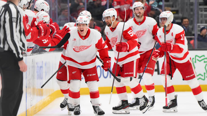 Feb 4, 2025; Seattle, Washington, USA; Detroit Red Wings right wing Jonatan Berggren (48) celebrates with the bench after scoring a goal against the Seattle Kraken during the second period at Climate Pledge Arena. Mandatory Credit: Steven Bisig-Imagn Images