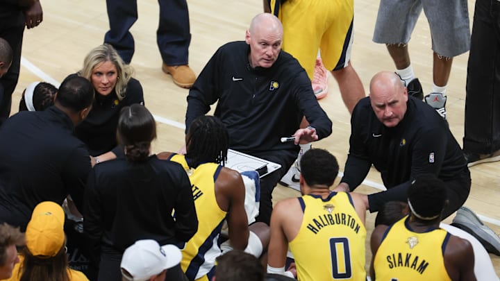 Jun 19, 2025; Indianapolis, Indiana, USA; Indiana Pacers head coach Rick Carlisle speaks to his players during a timeout in the second quarter during game six of the 2025 NBA Finals against the Oklahoma City Thunder at Gainbridge Fieldhouse. Mandatory Credit: Trevor Ruszkowski-Imagn Images