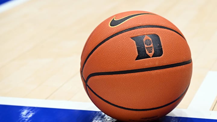 Dec 16, 2025; Durham, North Carolina, USA; A general view of the game ball during a break in the second half between the Duke basketball team and Lipscomb Bisons at Cameron Indoor Stadium. The Blue Devils won 97-73. 