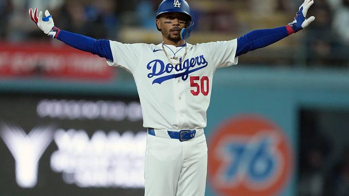 Mar 30, 2026; Los Angeles, California, USA; Los Angeles Dodgers shortstop Mookie Betts (50) celebrates after hitting a double against the Cleveland Guardians in the ninth inning at Dodger Stadium. Mandatory Credit: Kirby Lee-Imagn Images