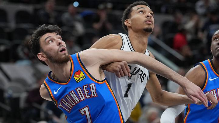 Feb 29, 2024; San Antonio, Texas, USA; Oklahoma City Thunder forward Chet Holmgren (7) and San Antonio Spurs center Victor Wembanyama (1) battle for position in the first half at Frost Bank Center. Mandatory Credit: Daniel Dunn-USA TODAY Sports Feb 29, 2024; San Antonio, Texas, USA; Oklahoma City Thunder forward Chet Holmgren (7) and San Antonio Spurs center Victor Wembanyama (1) battle for position in the first half at Frost Bank Center. Mandatory Credit: Daniel Dunn-USA TODAY Sports