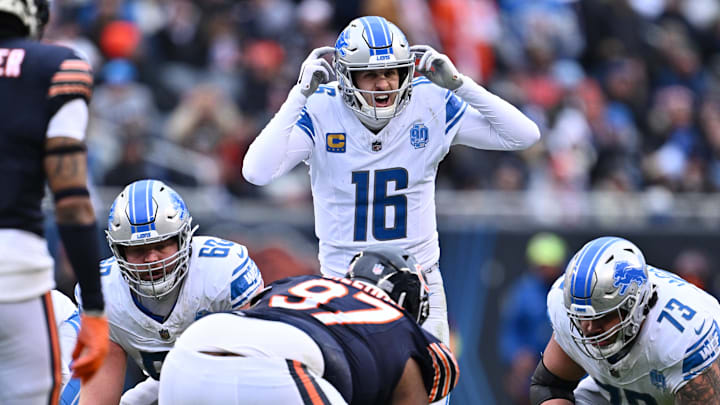 Dec 10, 2023; Chicago, Illinois, USA;  Detroit Lions quarterback Jared Goff (16) calls signals at