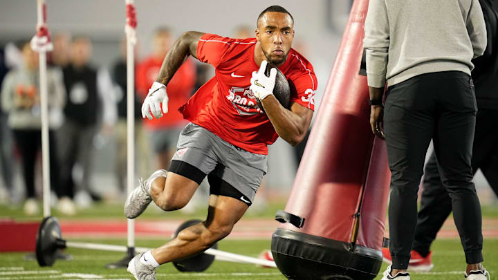 Ohio State Buckeyes running back TreVeyon Henderson works out during the pro day for NFL scouts at the Woody Hayes Athletic Cente on March 26, 2025.