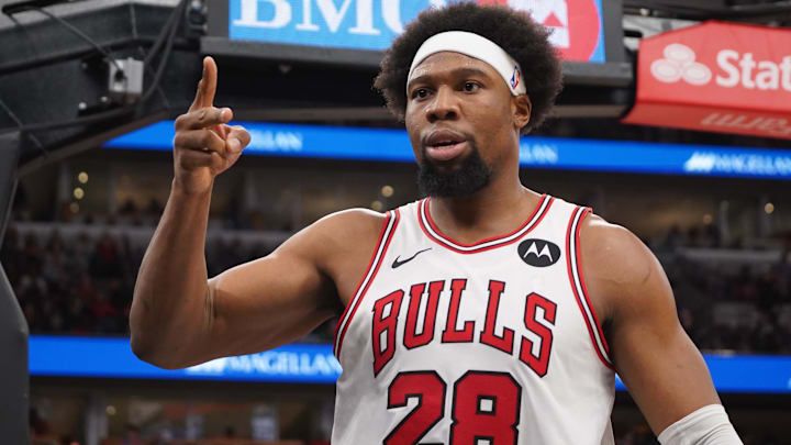 Feb 21, 2026; Chicago, Illinois, USA; Chicago Bulls forward Guerschon Yabusele (28) gestures after scoring against the Detroit Pistons during the first half at United Center. Mandatory Credit: David Banks-Imagn Images
