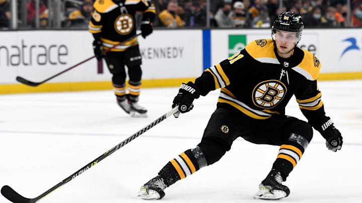 Feb 1, 2022; Boston, Massachusetts, USA; Boston Bruins left wing Anton Blidh (81) watches a play during the first period of a game against the Seattle Kraken at the TD Garden. Mandatory Credit: Brian Fluharty-USA TODAY Sports