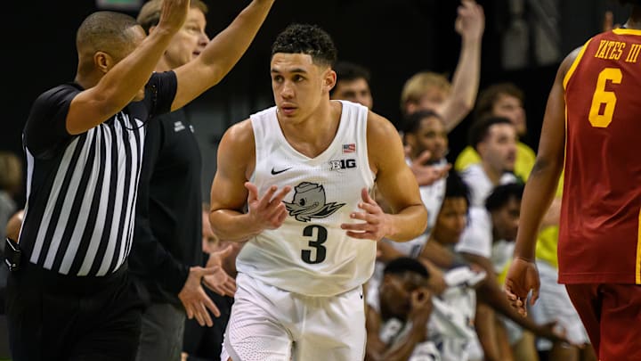 Mar 1, 2025; Eugene, Oregon, USA; Oregon Ducks guard Jackson Shelstad (3) reacts to making a three-point basket against the USC Trojans.