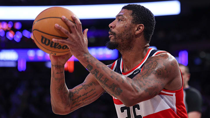 Mar 22, 2025; New York, New York, USA; Washington Wizards guard Marcus Smart (36) shoots the ball during the second half against the New York Knicks at Madison Square Garden. Mandatory Credit: Vincent Carchietta-Imagn Images
