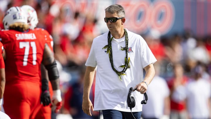 Oct 19, 2024; Tucson, Arizona, USA; Arizona Wildcats head coach Brent Brennan against the Colorado Buffalos at Arizona Stadium. Mandatory Credit: Mark J. Rebilas-Imagn Images