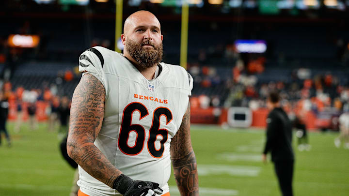 Sep 29, 2025; Denver, Colorado, USA; Cincinnati Bengals guard Dalton Risner (66) looks on after the game against the Denver Broncos at Empower Field at Mile High. Mandatory Credit: Isaiah J. Downing-Imagn Images