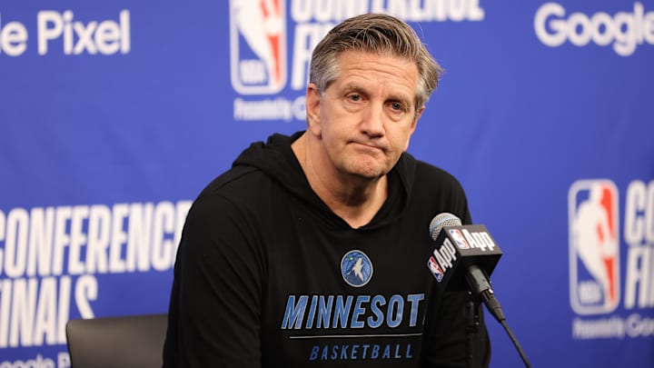 May 30, 2024; Minneapolis, Minnesota, USA; Minnesota Timberwolves head coach Chris Finch at a press conference before game five of the western conference finals for the 2024 NBA playoffs against the Dallas Mavericks at Target Center. May 30, 2024; Minneapolis, Minnesota, USA; Minnesota Timberwolves head coach Chris Finch at a press conference before game five of the western conference finals for the 2024 NBA playoffs against the Dallas Mavericks at Target Center.