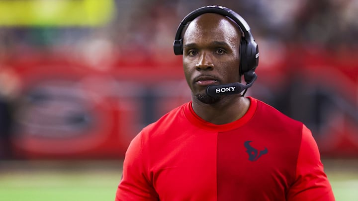 Dec 21, 2025; Houston, Texas, USA; Houston Texans head coach Demeco Ryans stands on the sidelines during the fourth quarter against the Las Vegas Raiders at NRG Stadium. Mandatory Credit: Thomas Shea-Imagn Images