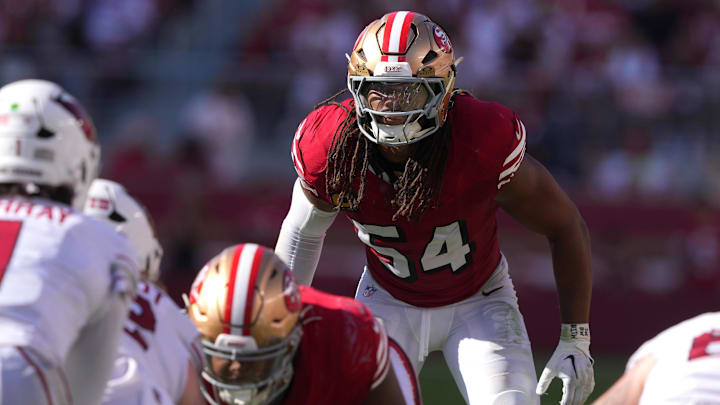Oct 6, 2024; Santa Clara, California, USA; San Francisco 49ers linebacker Fred Warner (54) during the fourth quarter against the Arizona Cardinals at Levi's Stadium. Mandatory Credit: Darren Yamashita-Imagn Images