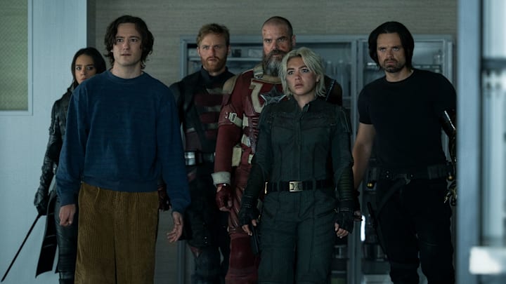Ghost (Hannah John-Kamen), Bob (Lewis Pullman), John Walker (Wyatt Russell), Alexei Shostakov/Red Guardian (David Harbour), Yelena Belova (Florence Pugh) and Bucky Barnes (Sebastian Stan)in Marvel Studios' THUNDERBOLTS*. Photo by Chuck Zlotnick. © 2025 MARVEL.