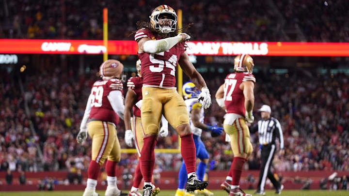 Dec 12, 2024; Santa Clara, California, USA; San Francisco 49ers linebacker Fred Warner (54) reacts after making a tackle against the Los Angeles Rams in the fourth quarter at Levi's Stadium. Mandatory Credit: Cary Edmondson-Imagn Images