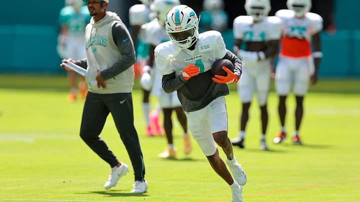 Miami Dolphins wide receiver Tutu Atwell (4) works during practice at Hard Rock Stadium. Miami Dolphins wide receiver Tutu Atwell (4) works during practice at Hard Rock Stadium.