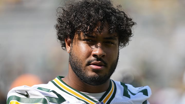 Aug 24, 2024; Green Bay, Wisconsin, USA;  Green Bay Packers offensive lineman Jordan Morgan (77) following the game against the Baltimore Ravens at Lambeau Field.
