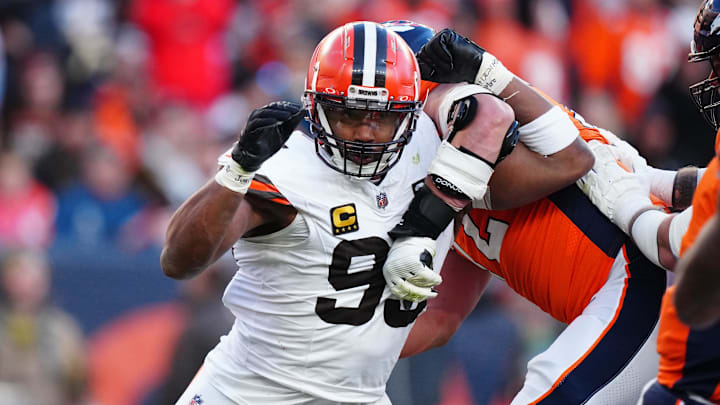 Nov 26, 2023; Denver, Colorado, USA; Cleveland Browns defensive end Myles Garrett (95) rushes past